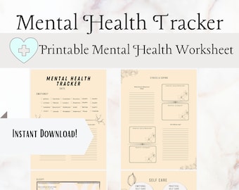 May include: A printable mental health tracker worksheet with sections for emotions, sleep, activity, stress and coping, and self-care. The worksheet has a light peach background with black text and floral illustrations.
