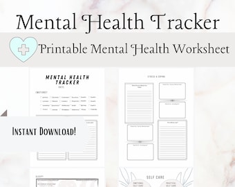 May include: Printable mental health tracker worksheet with sections for emotions, sleep, activity, stress and coping, and self-care. The worksheet has a light gray background with black text and lines. The text "Instant Download!" is in the bottom left corner. The text "Design Versions Available" is in the bottom right corner.