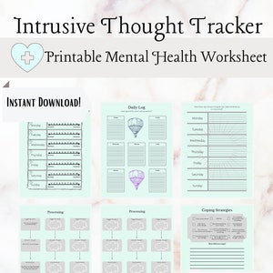 May include: Printable mental health worksheet with a light blue background. The worksheet includes sections for daily log, processing intrusive thoughts, and coping strategies. The worksheet features a hot air balloon graphic and the text "Intrusive Thought Tracker" and "Low Ink Version Available".