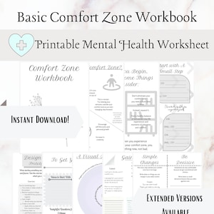 Puede incluir: Un libro de trabajo imprimible con el título "Basic Comfort Zone Workbook" y un signo más con un corazón. El libro de trabajo está diseñado para ayudar a las personas a salir de su zona de confort e incluye consejos y ejercicios para el crecimiento personal. El libro de trabajo está disponible para descargar instantáneamente.