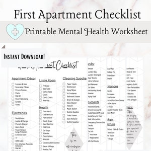 May include: A printable checklist for apartment living, with sections for apartment decor, living room, cleaning supplies, health, electronics, laundry, appliances, documents, and tips. The checklist is titled "First Apartment Checklist" and includes a heart with a plus sign. The checklist is designed to help people prepare for moving into an apartment.