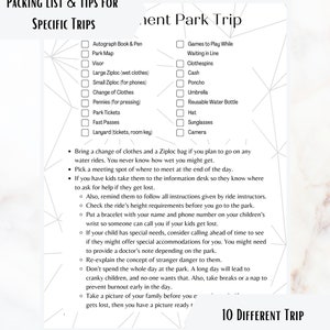 May include: A checklist of items to pack for a trip to an amusement park. The list includes items like a park map, sunscreen, and a change of clothes. The list also includes tips for planning a successful trip, such as picking a meeting spot and reminding children to follow park rules.