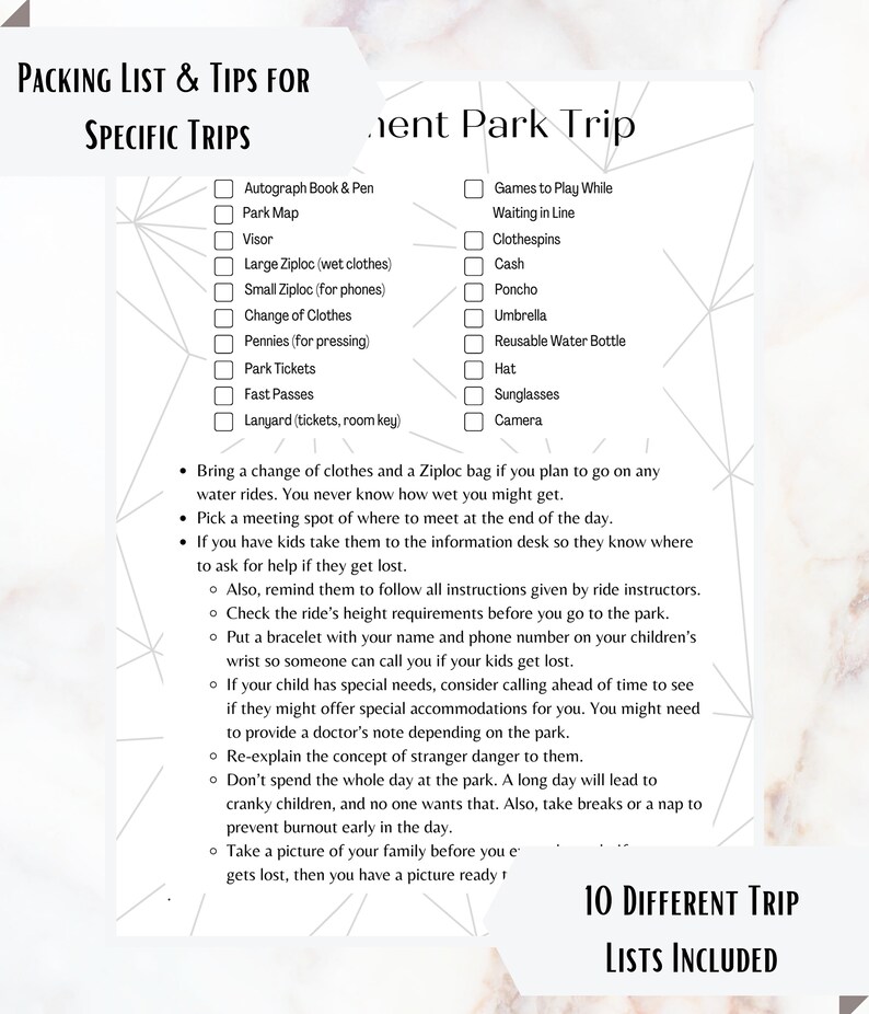 May include: A checklist of items to pack for a trip to an amusement park. The list includes items like a park map, sunscreen, and a change of clothes. The list also includes tips for planning a successful trip, such as picking a meeting spot and reminding children to follow park rules.