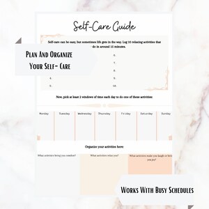 May include: A printable self-care guide with a pink and white color scheme. The guide includes a list of 10 relaxing activities to do in 15 minutes, a weekly schedule to plan self-care time, and prompts to help you identify activities that bring you comfort, relaxation, and joy.