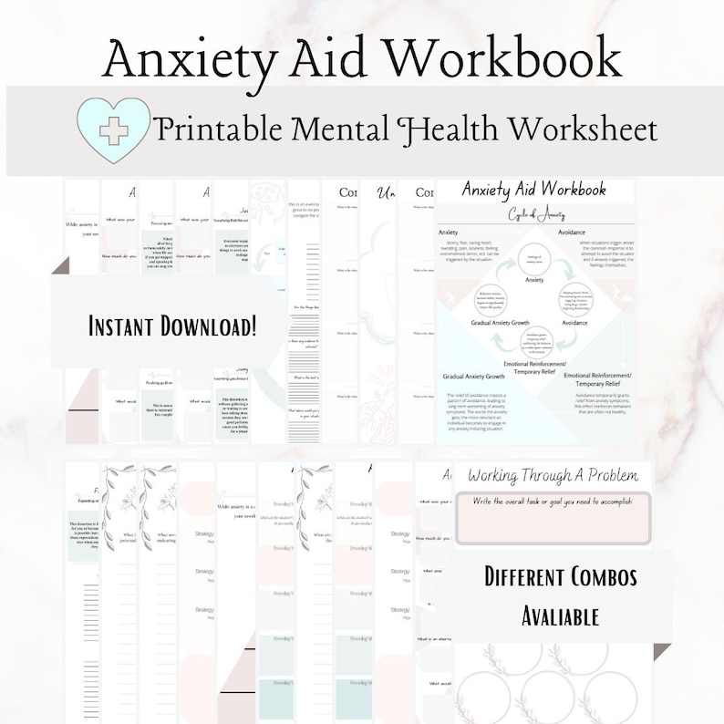 Puede incluir: Cuaderno de trabajo de ayuda para la ansiedad imprimible con un coraz&oacute;n azul claro y un signo m&aacute;s. El cuaderno incluye hojas de trabajo para resolver un problema, identificar los desencadenantes y los mecanismos de afrontamiento. El texto "Descarga instant&aacute;nea!" es visible en la p&aacute;gina.
