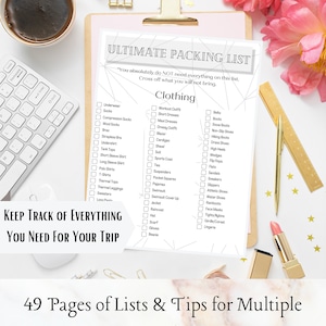 May include: A printable checklist for packing for a trip. The checklist is divided into two sections: "Clothing" and "Keep Track of Everything You Need for Your Trip". The checklist includes items such as underwear, socks, shirts, pants, dresses, shoes, and accessories. The checklist is titled "Ultimate Packing List".