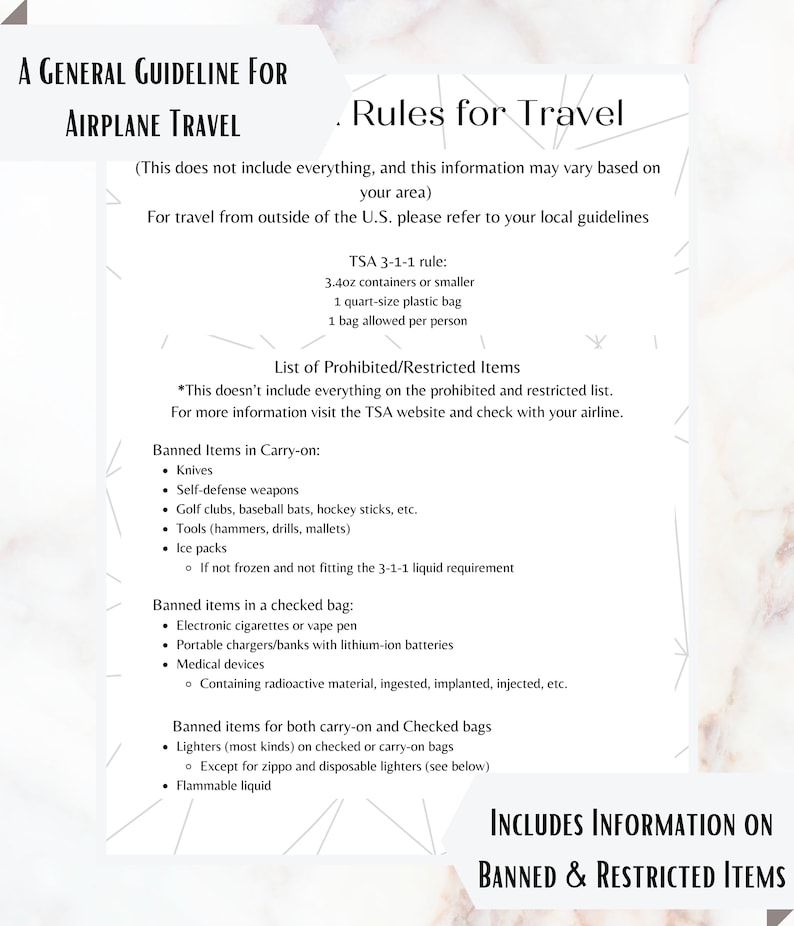 May include: A general guideline for airplane travel with information on prohibited and restricted items. The list includes items banned in carry-on luggage, checked bags, and both. The TSA 3-1-1 rule is also included.