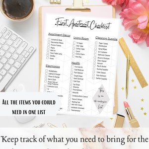 May include: A checklist for first apartment essentials, with categories for apartment decor, living room, cleaning supplies, electronics, health, and a note that this is an all-inclusive list. The checklist is printed on a white sheet of paper.