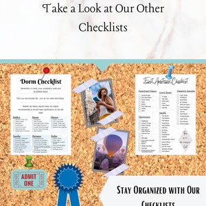 May include: A corkboard with two checklists titled "Dorm Checklist" and "First Apartment Checklist". The checklists are printed on white paper and have a blue checkmark next to each item. The checklists are surrounded by photos of a woman looking at her phone and hot air balloons.