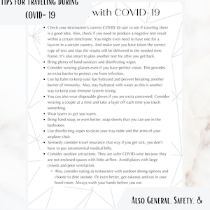 May include: Tips for traveling during the COVID-19 pandemic.  The text includes advice on checking COVID-19 rates, wearing masks, using hand sanitizer, and taking precautions to stay healthy while traveling.