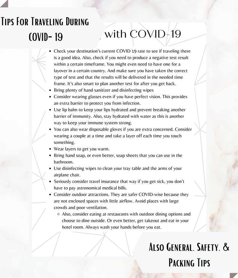 May include: Tips for traveling during the COVID-19 pandemic.  The text includes advice on checking COVID-19 rates, wearing masks, using hand sanitizer, and taking precautions to stay healthy while traveling.