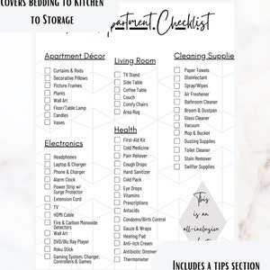 May include: A checklist for apartment living, with sections for apartment decor, living room, health, electronics, and cleaning supplies. The checklist includes items such as curtains, pillows, plants, a TV stand, a side table, a first-aid kit, headphones, a laptop, paper towels, disinfectant, and a vacuum cleaner. The checklist also includes a tips section.