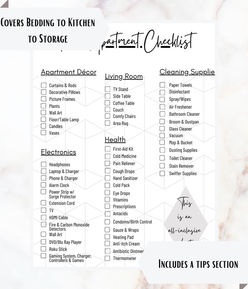 May include: A checklist for apartment living, with sections for apartment decor, living room, health, electronics, and cleaning supplies. The checklist includes items such as curtains, pillows, plants, a TV stand, a side table, a first-aid kit, headphones, a laptop, paper towels, disinfectant, and a vacuum cleaner. The checklist also includes a tips section.