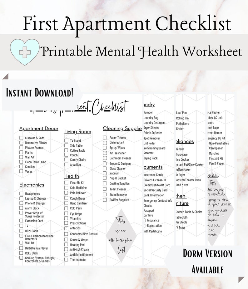 May include: A printable checklist for apartment living, with sections for apartment decor, living room, cleaning supplies, health, electronics, laundry, appliances, documents, and tips. The checklist is titled "First Apartment Checklist" and includes a heart with a plus sign. The checklist is designed to help people prepare for moving into an apartment.