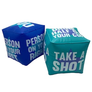 May include: Two inflatable cubes, one blue and one teal, with white text and star graphics. The blue cube reads "PERSON ON YOUR LEFT" and the teal cube says "TAKE A SHOT". The cubes are likely for a party game.