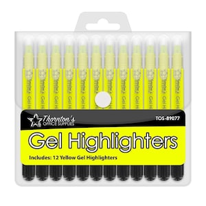 以下が含まれることがあります： 12本の黄色のジェル蛍光ペンのパッケージ。 蛍光ペンは、"Gel Highlighters"と"Includes: 12 Yellow Gel Highlighters"と書かれた黒と黄色のラベルが付いた透明なプラスチックケースに入っています。 ブランド名「Thornton's Office Supplies」も表示されています。