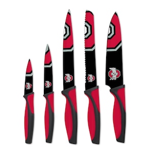 May include: A set of five kitchen knives with black blades and red handles. The blades feature a red and white design with the Ohio State logo. The handles are red with a black base.