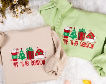 Sudadera navideña bordada: cuello redondo de algodón festivo