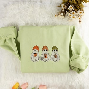 Halloween Geist gesticktes Sweatshirt | Geister-Halloween besticktes T-Shirt | Halloween Kapuzenpullover | Ghost Rundhals-Sweatshirt