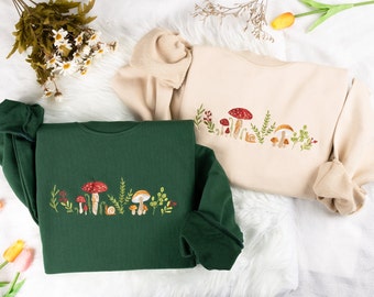 Sweatshirt met geborduurde paddenstoelen | Geborduurd T-shirt met paddenstoelen | Hoodie met geborduurde paddenstoelen | Trui met paddenstoelen | Sweatshirt met ronde hals