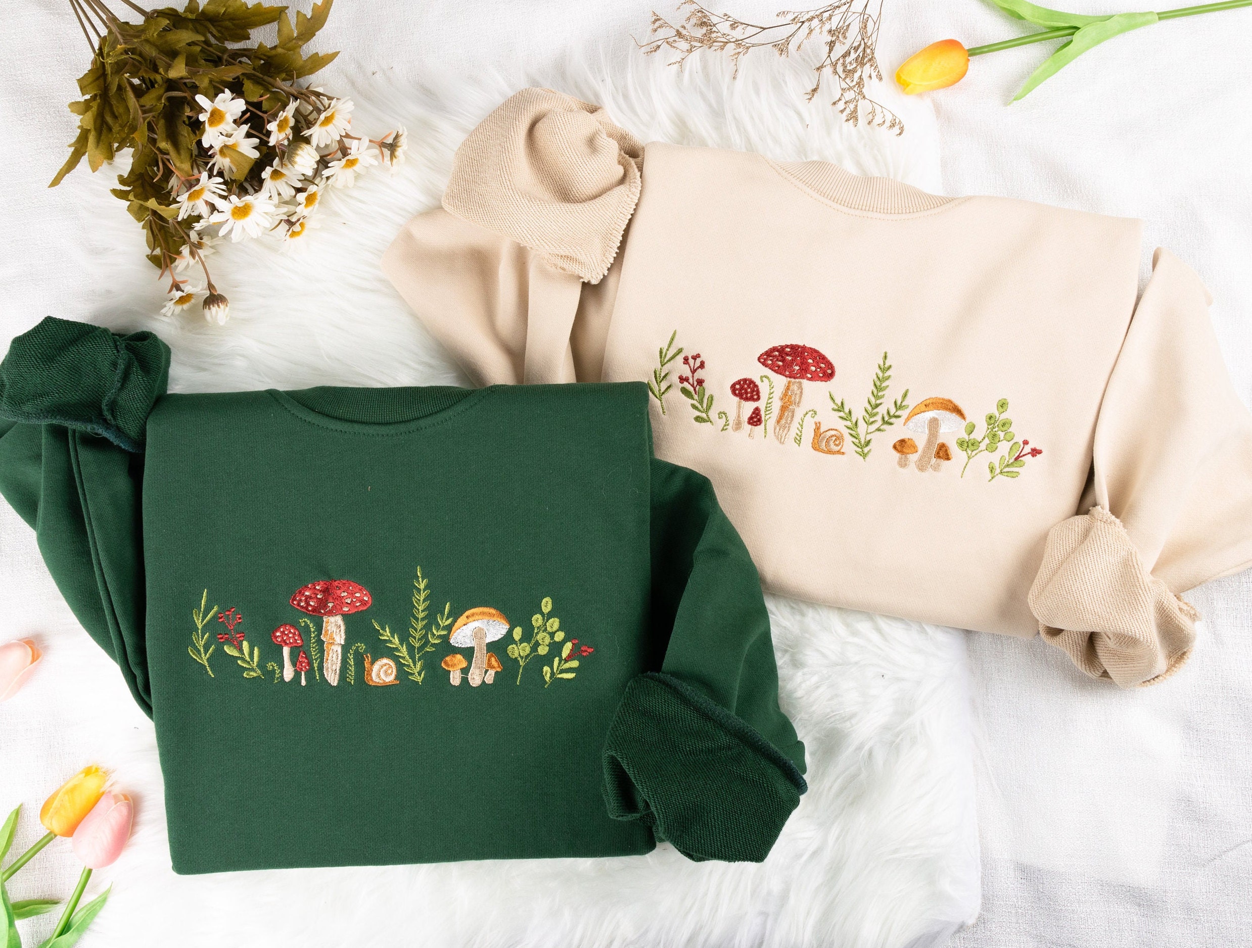 Mushrooms Embroidered Sweatshirt Mushrooms Embroidered T-shirt Mushrooms Embroidered Hoodie Mushrooms Sweater Crew Neck Sweatshirt