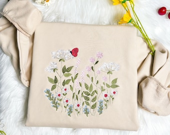 Wildblumen Botanik Besticktes Sweatshirt | Schmetterling T-Shirt | Schmetterling Blumen besticktes Sweatshirt | Pullover | Sweatshirt mit Rundhalsausschnitt