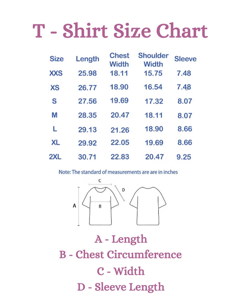 Op de afbeelding: T-shirt maattabel met metingen in inches voor maten XXS tot 2XL. De tabel toont lengte, borstbreedte, schouderbreedte en mouwlengte.