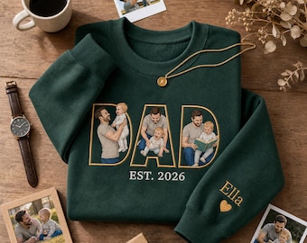 Embroidered Dad T-Shirt&Sweatshirt, Custom Kid Portrait Sweatshirt, Personalized Name Sleeve, Father's Day Gift Shirt