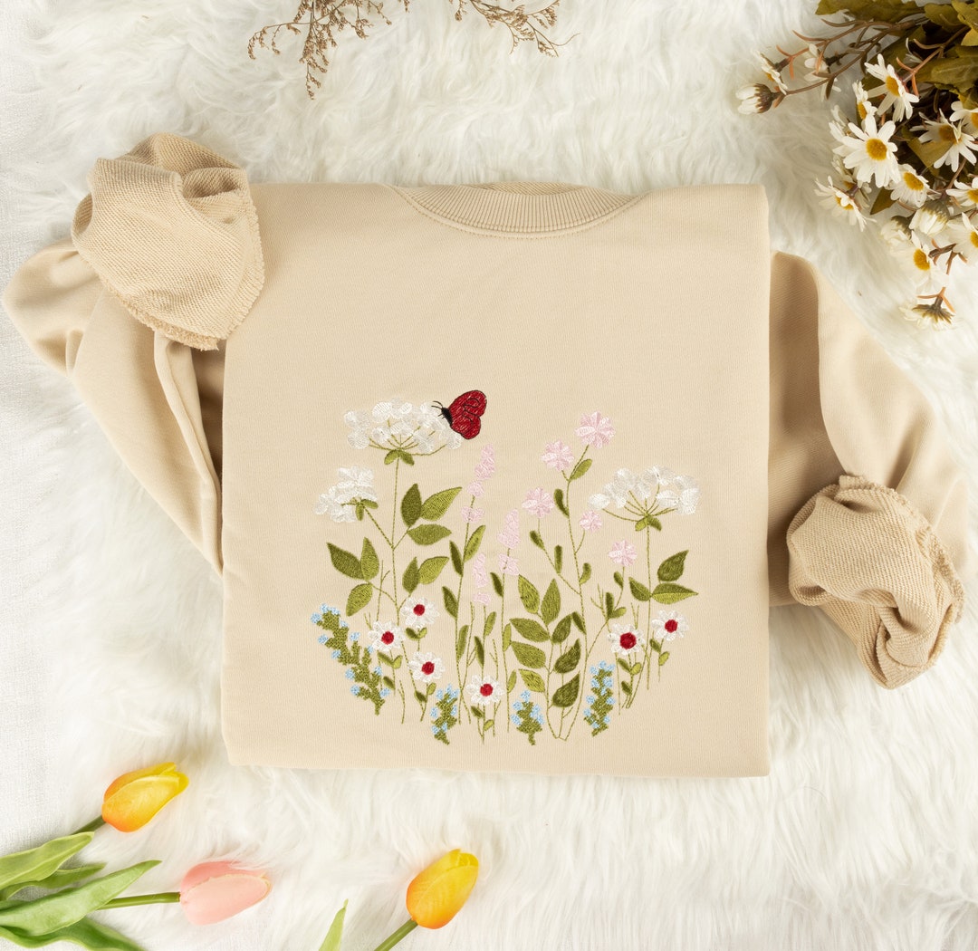 Wildflower Butterfly Embroidered Sweatshirt | Butterfly Embroidered T ...