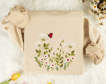Geborduurd sweatshirt met wilde bloemenvlinder | Geborduurd T-shirt met vlinder | Geborduurde hoodie met wilde bloemen | Sweatshirt met ronde hals