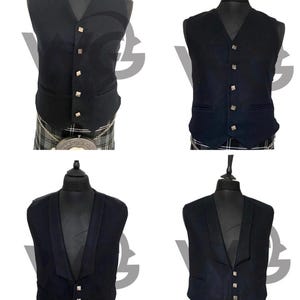 May include: Four black waistcoats with silver buttons are shown on mannequins. The waistcoats feature a V-neck and two front pockets. Each waistcoat is paired with a traditional Scottish kilt in a grey and black plaid pattern.