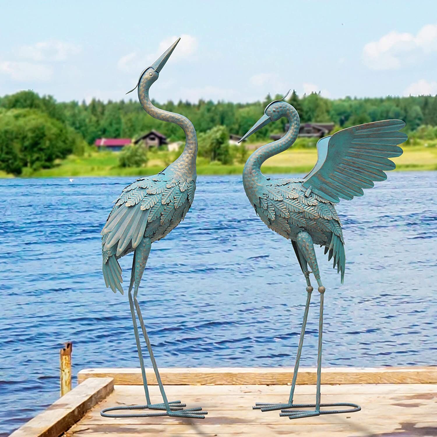 Set of 2 Standing Metal Crane Garden Statue Décor Vintage Etsy