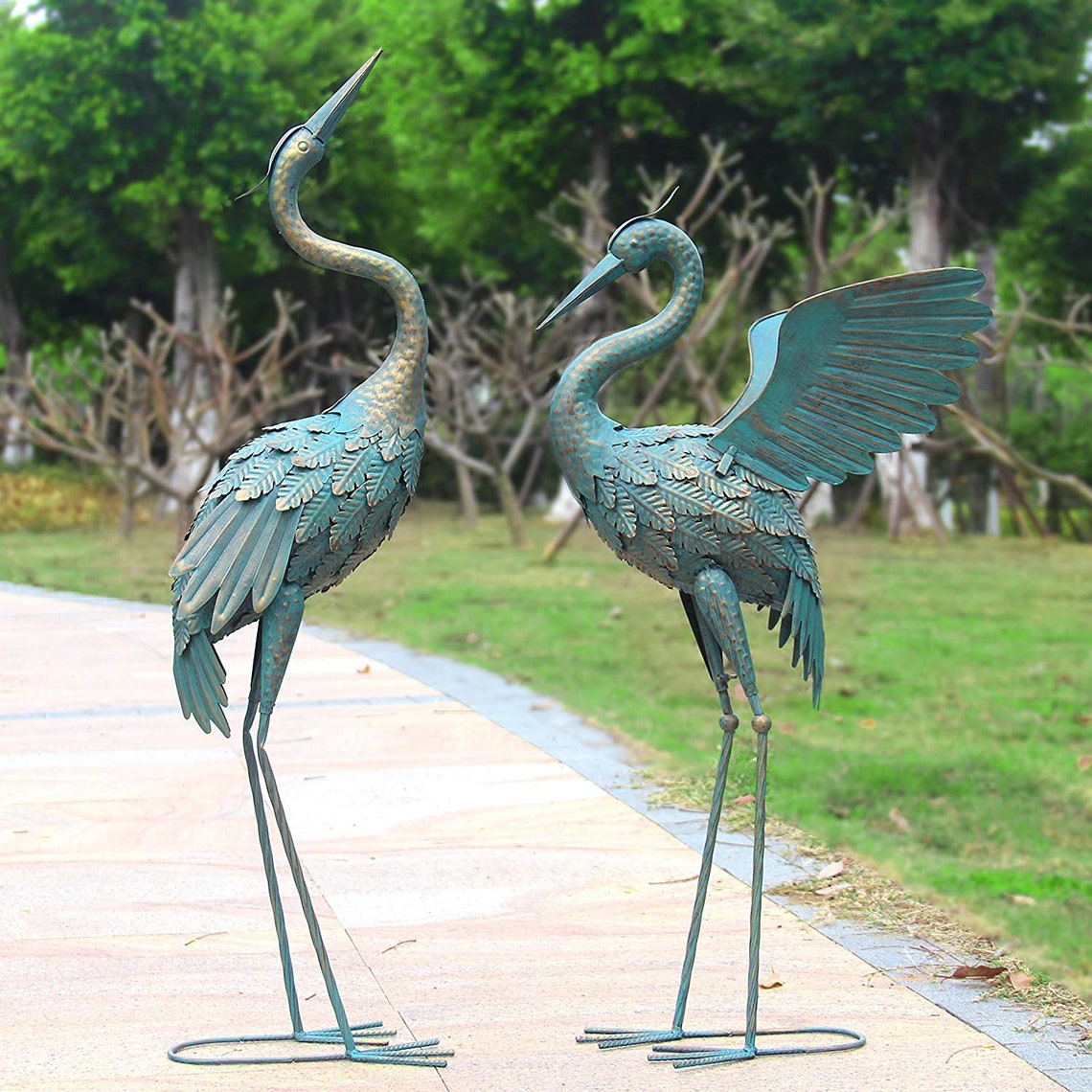Set of 2 Standing Metal Crane Garden Statue Décor Vintage Etsy