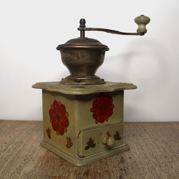 Mid Century Box Kaffeemühle - Vintage Holz Handkurbelmühle für Kräuter, Kaffeebohnen, Etc. - Handbemalte Floral Kitchenalia