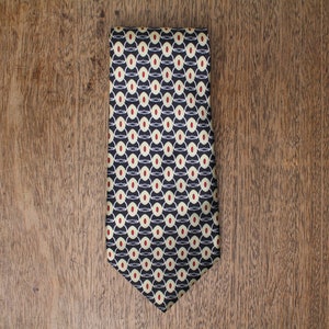 Vintage 1980s LINTHATIE Necktie with Retro Abstract Shape Design - Dark Navy Blue, White & Red