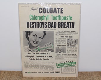 1952 Colgate Chlorophyll Green Toothpaste Advert - "Destroys Bad Breath" - Picture Post 8/11/1952 - Vintage Poster Ad, 25.5cm x 33.5cm