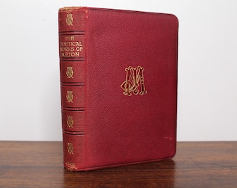 Poetical Works of John Milton - Full Red Leather 1914 Oxford Edition with Gold Leaf & Gilt - Antique Early Century Decorative Poetry Book