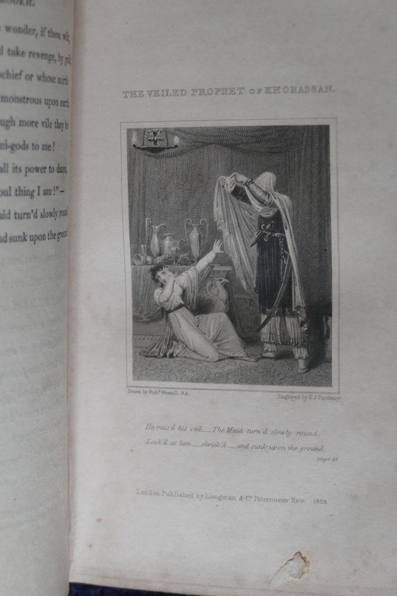 May include: An antique black and white illustration from a book, depicting a scene with two figures. One figure, veiled, holds a cloth, while another, a woman, kneels in distress. The text "THE VEILED PROPHET OF KHORASSAN" is at the top.
