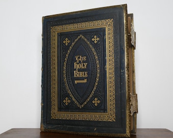Victorian Family Bible 1877 Scott & Henry Commentary | Illustrated Holy Bible w/ Maps, Colour Plates, Brass Clasps, Gilt Edges