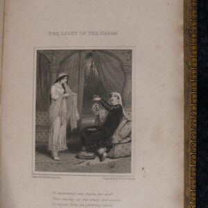 May include: An antique book page featuring a black and white illustration titled "THE LIGHT OF THE HARAM." The image depicts two women in a room with arched doorways. Text below the illustration includes the page number and publisher information.