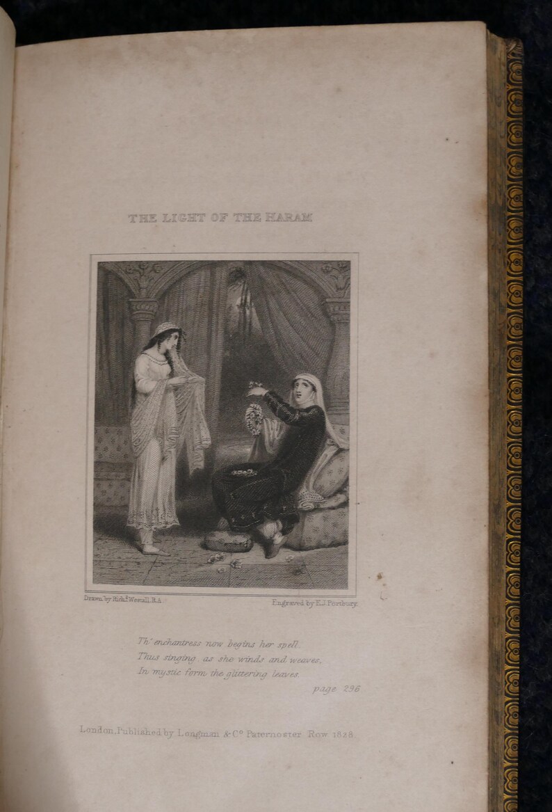 May include: An antique book page featuring a black and white illustration titled "THE LIGHT OF THE HARAM." The image depicts two women in a room with arched doorways. Text below the illustration includes the page number and publisher information.