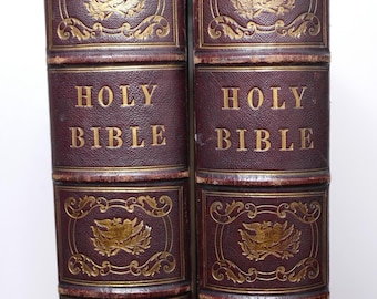 Antique 1844 Imperial Family Bible – Large Folio 2 Vol Set – Victorian Full Leather & Gilt Binding – Blackie and Son KJV
