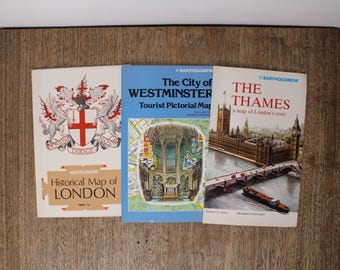 Bartholomews Historical Maps of London x3 - vintage c1970 Grandes cartes murales illustrées - City, Westminster, Thames River - Excellent état