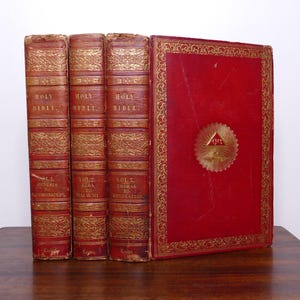 1815 The Holy Bible, Old and New Testaments & Apocrypha - Illustrated with Engravings by Charles Heath - 3 Vols, Full Red Leather and Gilt