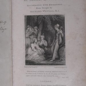 May include: An antique book page featuring the title "Lalla Rookh, An Oriental Romance" by Thomas Moore. The page includes an illustration of a scene with several figures in a forest setting, and text describing the scene and publication details.