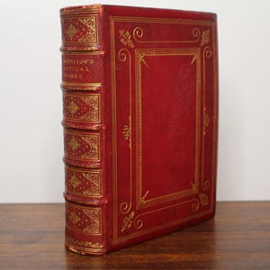 Longfellow&#39;s Poetical Works - Exquisite Fine Red Leather Binding with Gilt Decoration - Large, Near 2kg Volume - c. Late 1800s, Illustrated