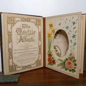 Antique 19th C Victorian 'Mayfair' Photo Album for Cabinet & Carte De Visite Photographs - Floral Pages - Leatherbound Book with Brass Clasp