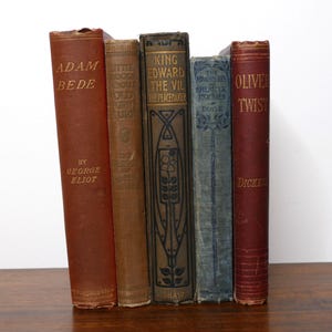 Set of 5 Antique Victorian & Early Century Hardback Books - Oliver Twist, Sherlock Holmes, Furniture, George Eliot - Antiquarian, Decor