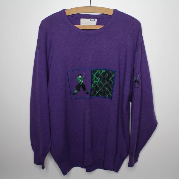 Pringle Nick Faldo Sports Collection, 100% Pure Wool Jumper - Made in Scotland - Vintage 1980s Purple Golf Sweater - Men's Size Medium (M)