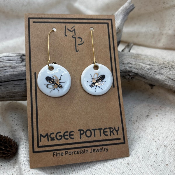 Bee dangle earring, Minimalist Entomology Gift, Insect art, Girlfriend present, gold jewelry, porcelain cottage core  bug unique 17